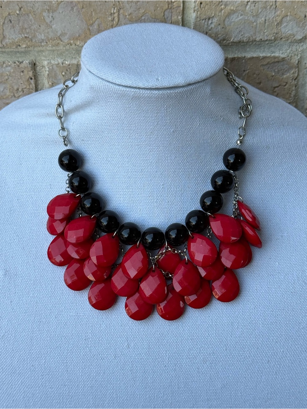 Bold Red Statement Bib Necklace with Black Beads